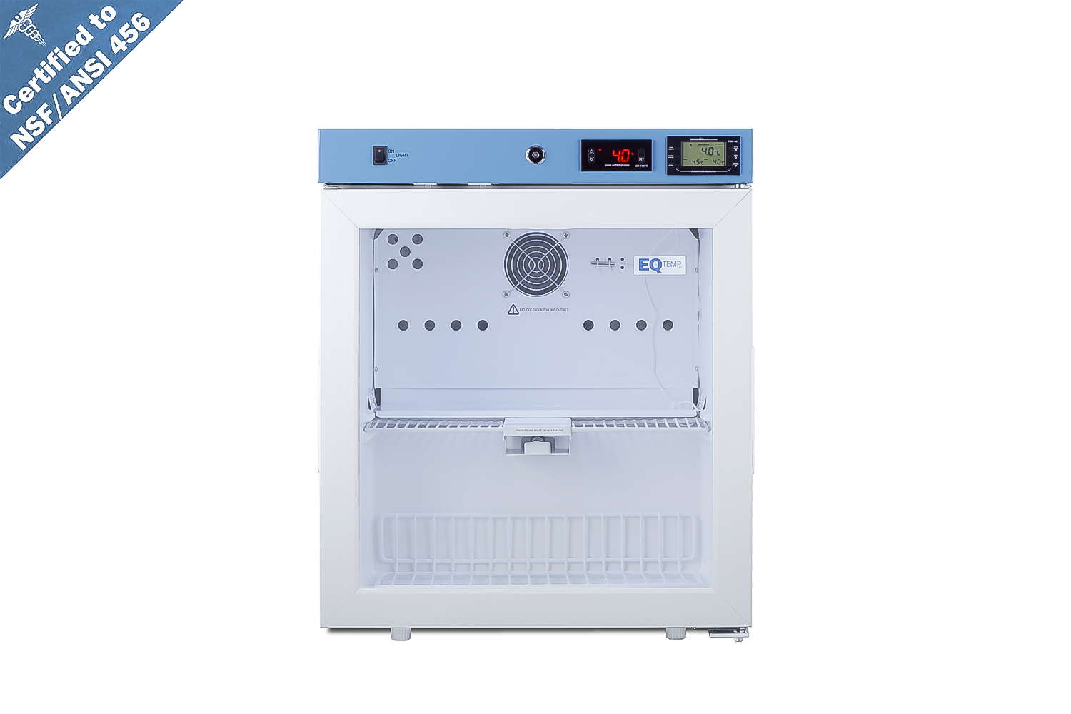 Compact healthcare all-refrigerator certified to NSF/ANSI 456 with self-closing glass door, front lock, digital controls, and NIST-calibrated temperature readout